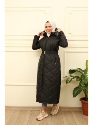 Siyah Kapitone Kürklü Mont Siyah Kapitone Kürklü Mont