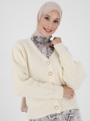 Ekru İnci Düğme Detaylı Triko Hırka Ekru İnci Düğme Detaylı Triko Hırka