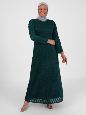 Yeşil Simli Taş Detaylı Büyük Beden Abiye Elbise