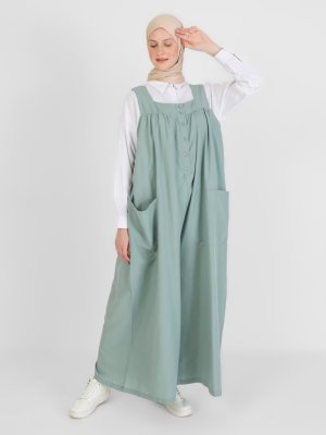 Düğme Detaylı Salaş Tulum Soğuk Yeşil