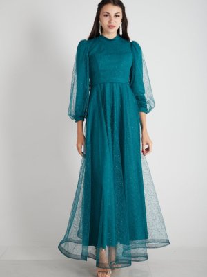 Zümrüt Hakim Yaka Simli Kumaş Abiye Elbise