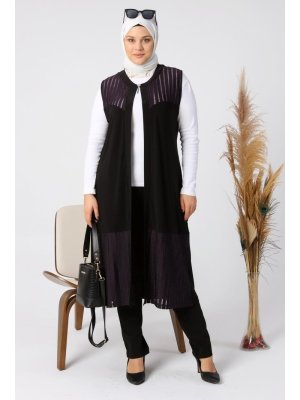 Mürdüm Büyük Beden Transparan Taşlı Uzun Yelek