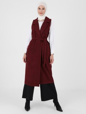 Bordo Cep Detaylı Kaşe Yelek