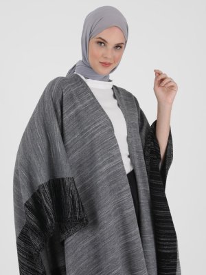 Siyah Gümüş Renk Bloklu Simli Triko Panço