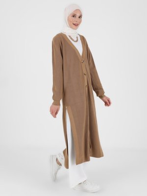 Bisküvi Yanları Yırtmaçlı Uzun Triko Hırka