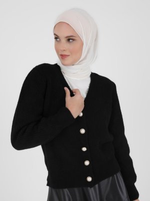 Siyah İnci Düğme Detaylı Triko Hırka