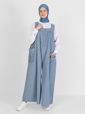 Düğme Detaylı Salaş Tulum İndigo