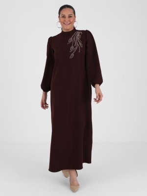 Büyük Beden Boncuk Detaylı Abiye Elbise Mürdüm