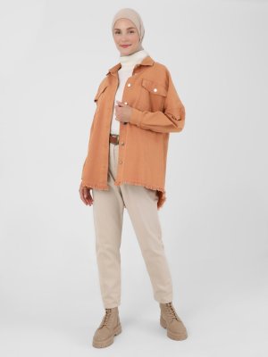 Püskül Detaylı Kot Ceket Açık Kahve