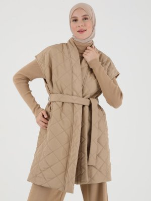 Bej Düşük Omuz Oversize Kapitone Yelek