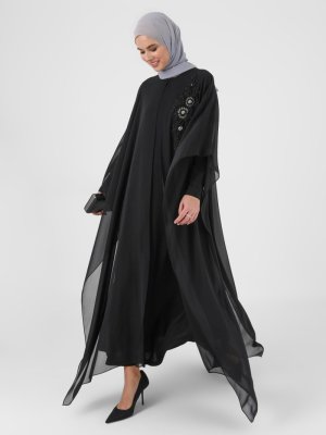 Siyah Boncuk İşlemeli Elbise & Abaya İkili Abiye Takım Siyah Boncuk İşlemeli Elbise & Abaya İkili Abiye Takım