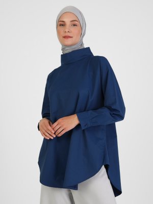 İndigo Dik Yaka Oversize Poplin Tunik İndigo Dik Yaka Oversize Poplin Tunik