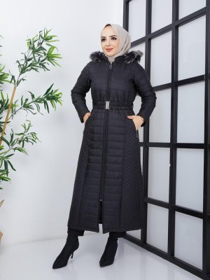 Siyah Çift Desenli Uzun Kapitone Mont Siyah Çift Desenli Uzun Kapitone Mont