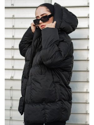 Siyah Efsa Çift Cepli Kapüşonlu Şişme Mont