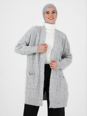 Gümüş Melanj Saç Örgü Desenli Yumuşak Hırka