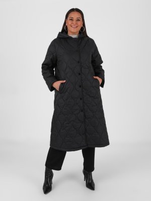 Siyah Büyük Beden Kapüşonlu Kapitone Kaban