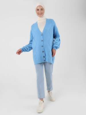 Bebe Mavisi Jakarlı Düğmeli Triko Hırka