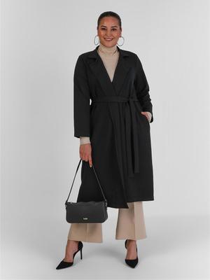 Siyah Büyük Beden Kuşak Detaylı Iki İplik Orme Kap