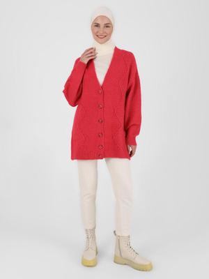 Fuşya Jakarlı Düğmeli Triko Hırka Fuşya Jakarlı Düğmeli Triko Hırka