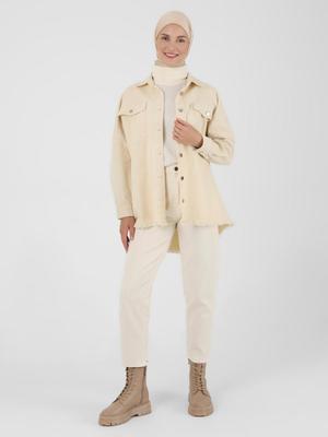 Püskül Detaylı Kot Ceket Vanilya