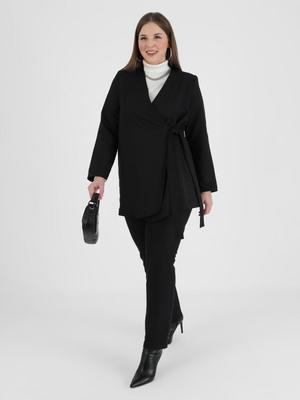 Siyah Büyük Beden Kuşak Detaylı Ceket