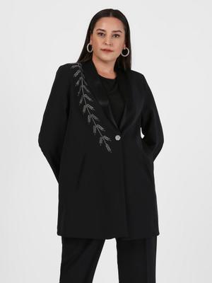 Siyah Büyük Beden Taş Detaylı Ceket & Pantolon Abiye İkili Takım