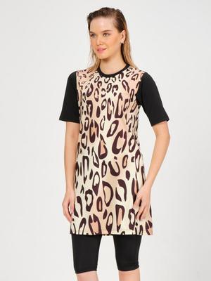 Siyah Desenli Yarım Kol Yarı Kapalı Mayo