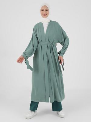 Koyu Çağla Aerobin Bağlama Detaylı Abaya Ferace