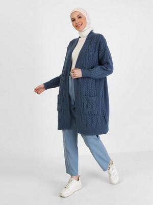 Derin Mavi Saç Örgü Desenli Yumuşak Hırka