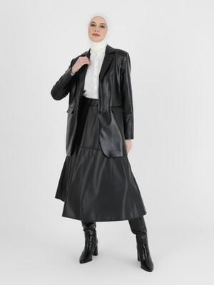 Siyah Deri Görünümlü Blazer Ceket