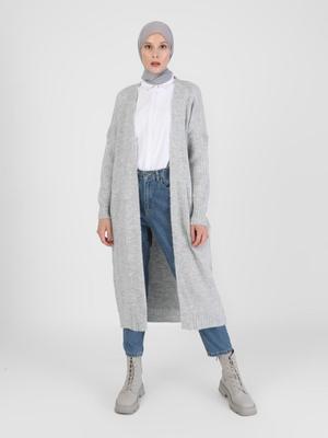 Gümüş Melanj Gizli Cepli Triko Hırka