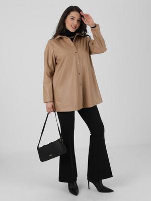 Bej Büyük Beden Çıtçıtlı Deri Ceket