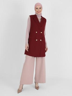 Koyu Kızıl Düğme Detaylı Şık Yelek
