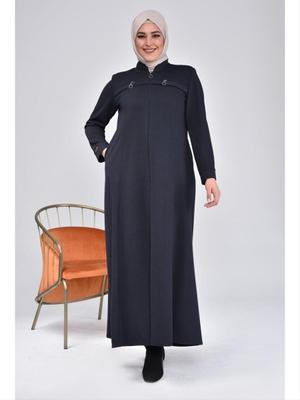 Lacivert Büyük Beden Fermuarlı Kışlık Kaban Pardesü