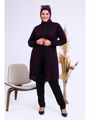 Mürdüm Büyük Beden Metal Tokalı Petek Hırka