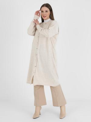 Bej Büyük Beden Düğmeli Triko Hırka