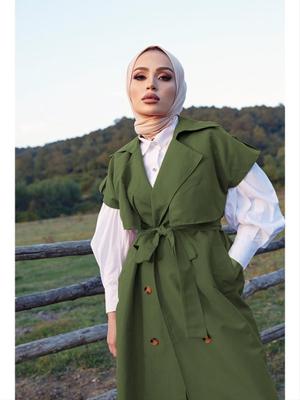 Haki Kolsuz Oversize Kuşaklı Trençkot