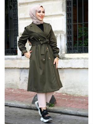 Haki Kol Büzgülü Kemerli Trençkot
