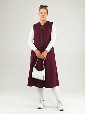 Mürdüm Kadin Deri Cepli Buyuk Beden Uzun Yelek