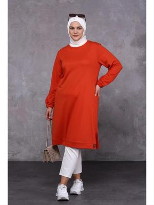 Turuncu Büyük Beden İki İplik Penye Uzun Tunik