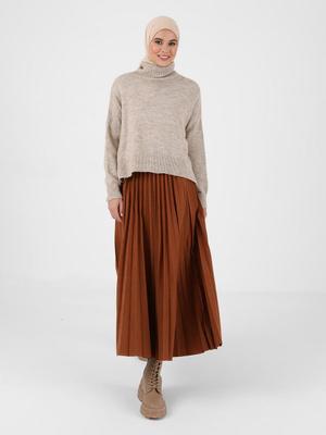 Camel Pileli Süet Etek Camel Pileli Süet Etek