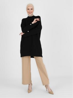 Siyah Kol Ucu Taşlı Triko Tunik