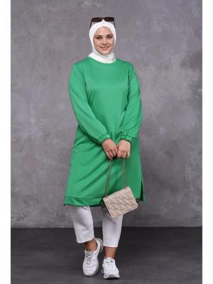 Yeşil Büyük Beden İki İplik Penye Uzun Tunik