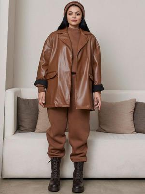 Kahverengi Cep Detaylı Deri Ceket