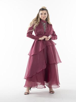 Mürdüm Uzun Kol Drape Ve İşleme Detaylı Abiye Elbise