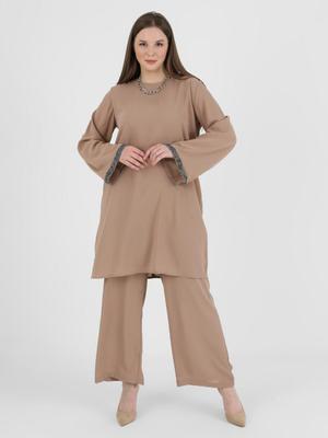Latte Büyük Beden Kol Ucu Taşlı Tunik & Pantolon Abiye Takım