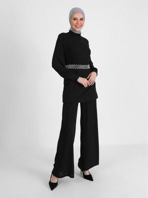 Siyah Simli Tunik & Pantolon İkili Abiye Takım Siyah Simli Tunik & Pantolon İkili Abiye Takım