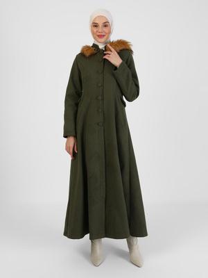 Haki Kapüşonu Kürk Detaylı Kaban