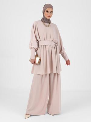 Bej Tunik & Pantolon İkili Abiye Takım
