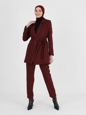 Bordo Siyah Ekose Desenli Ceket